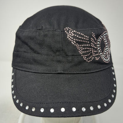 BHW Army Cap Black One Size Rhinestone Peace Sign Wings Studded Brim hat