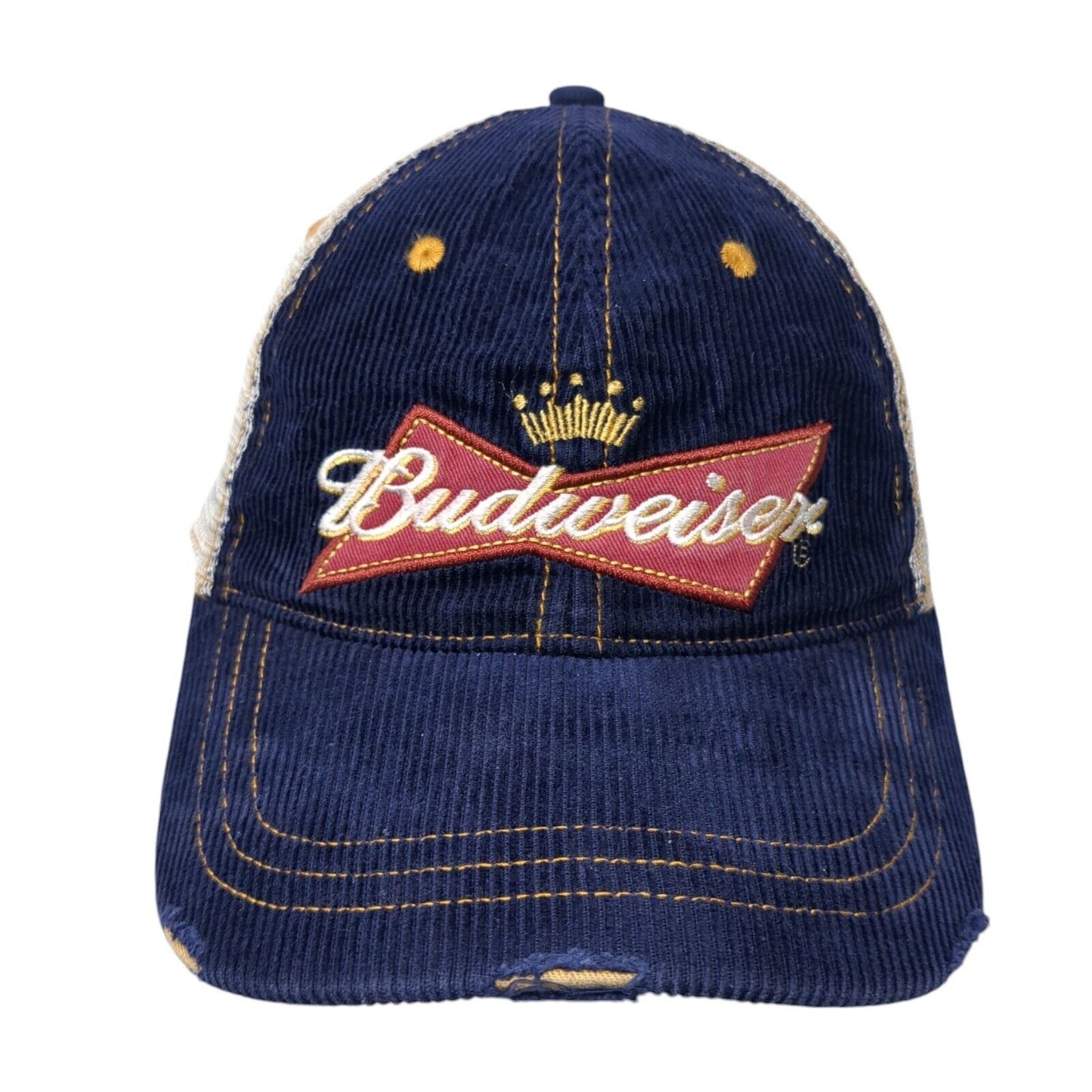 Budweiser Snapback Trucker Hat Blue One Size Adjustable Mesh Back Distressed