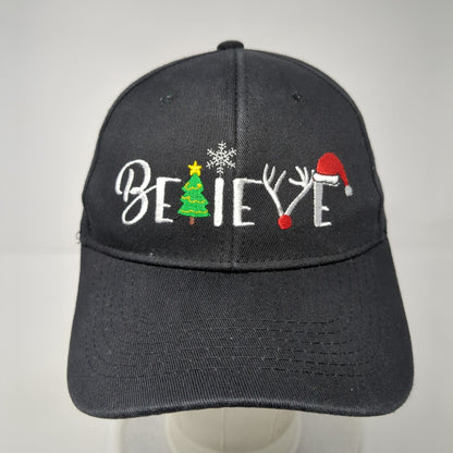 Believe Christmas Tree Holiday Slideback Hat Black OS Adjustable Embroidered