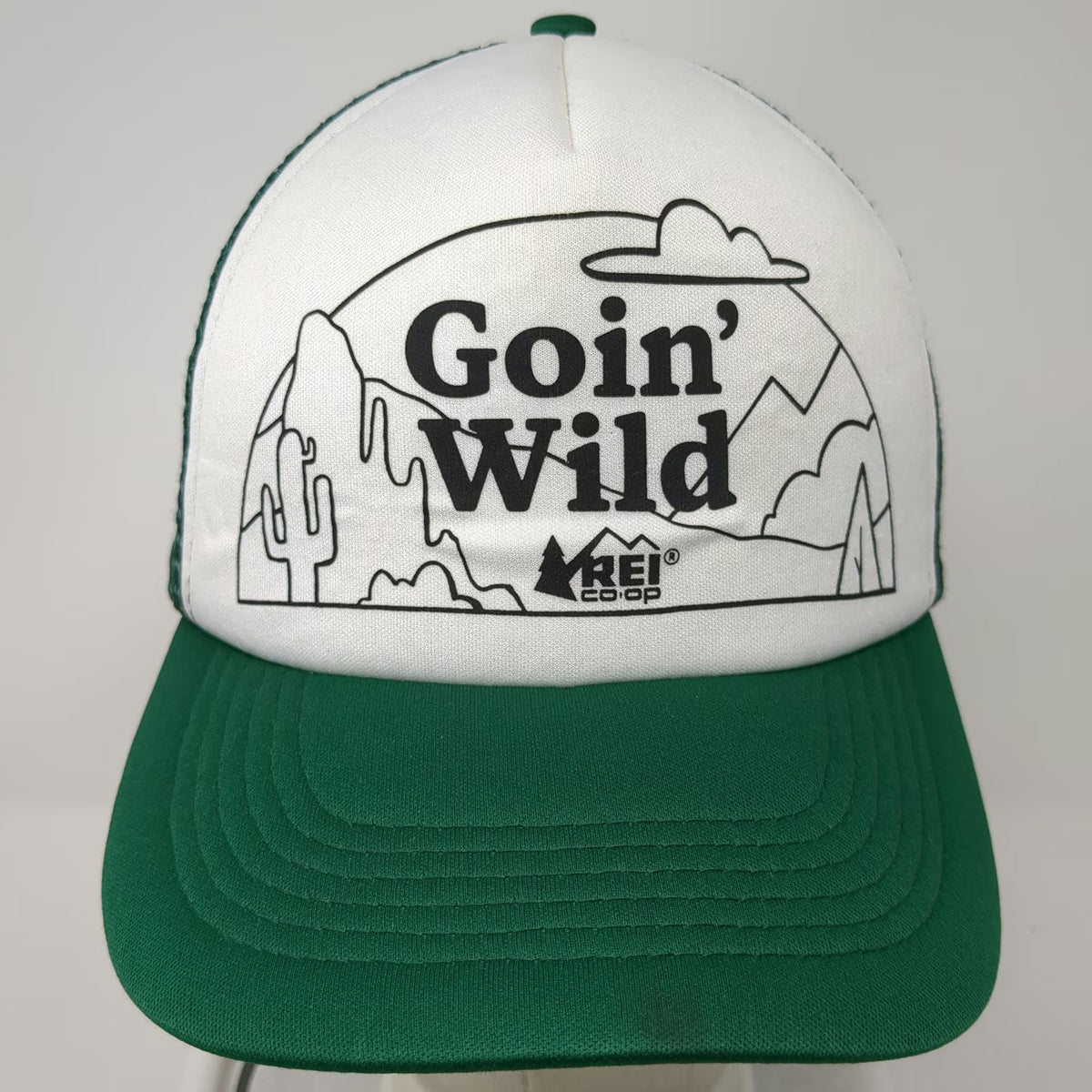 REI Co-op Trucker Hat Green OSFM Goin Wild Landscape Mesh Snapback Hiking Trip