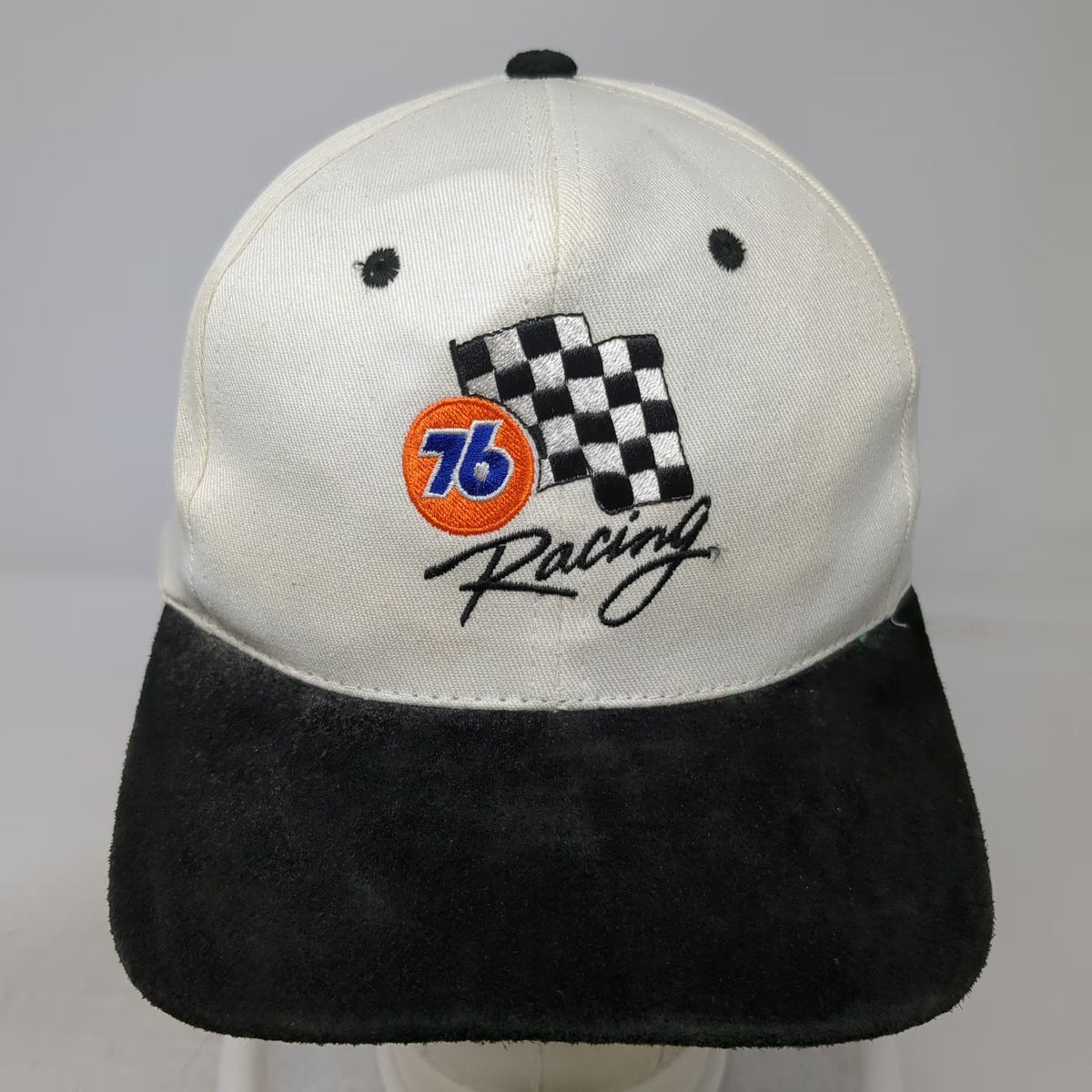 KC 76 Racing Baseball Cap White One Size Checkered Flag Suede Brim Slideback Hat