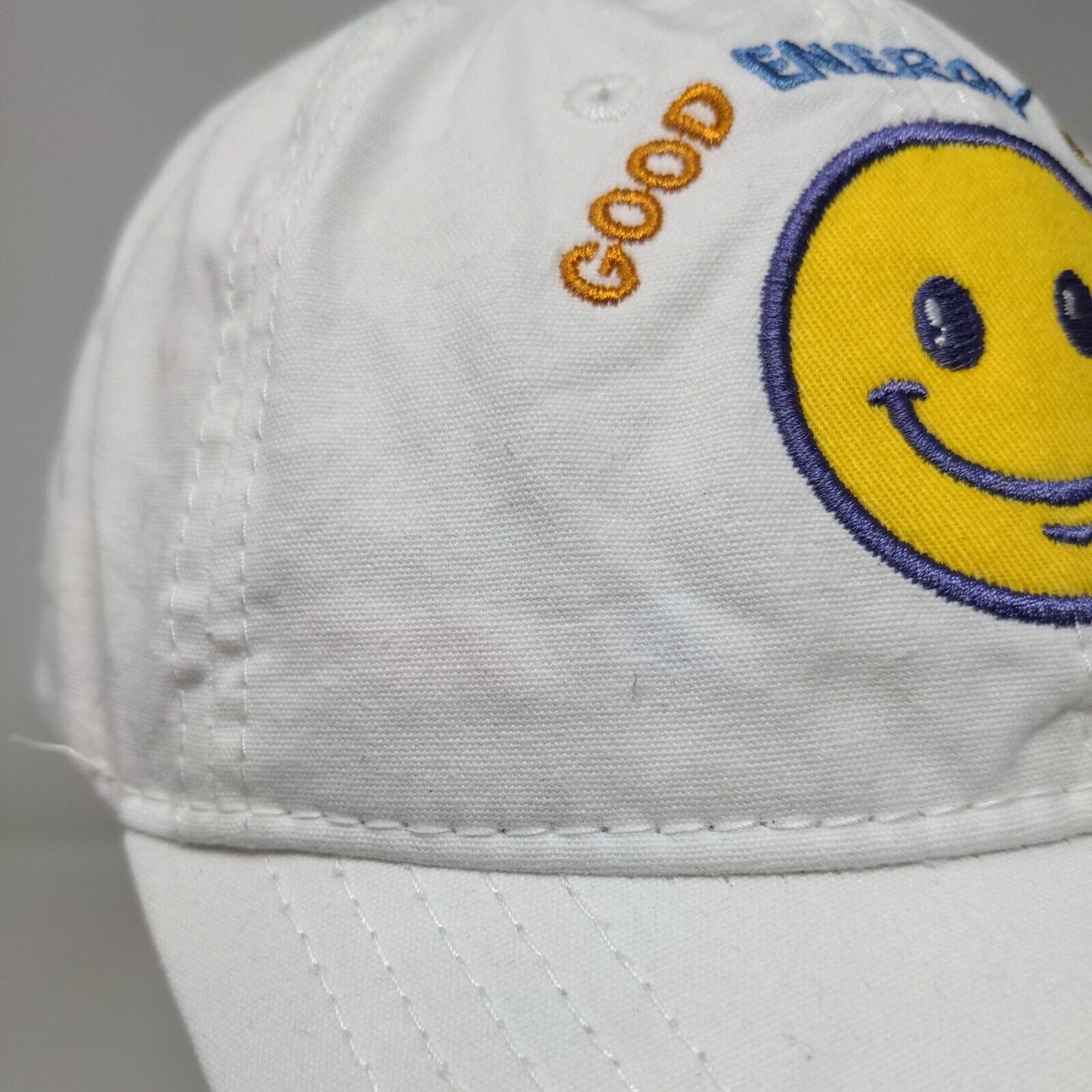 Good Energy Club Smiley Emoji Slideback Hat White OSFM Adjustable Embroidered