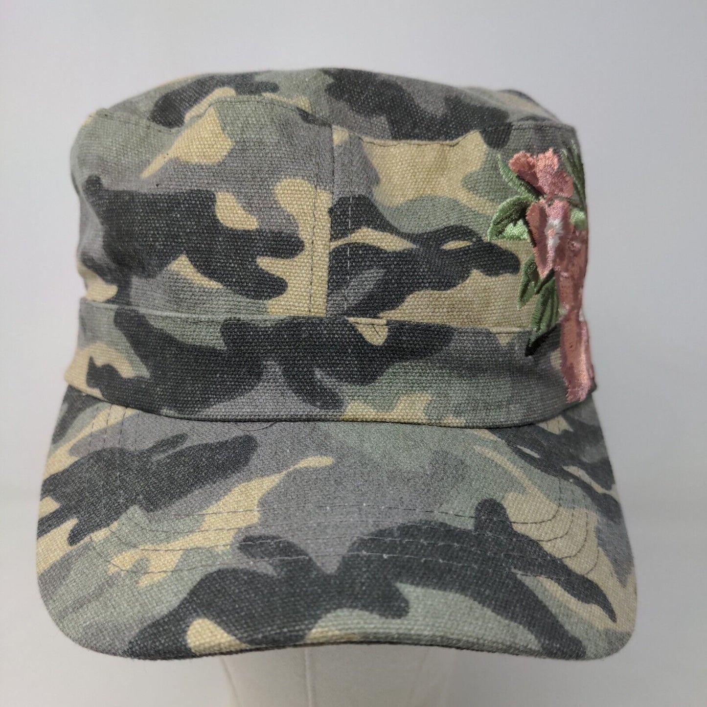 Quagga Women's Military Cadet Cap Green Camo Embroidered Flower Logo