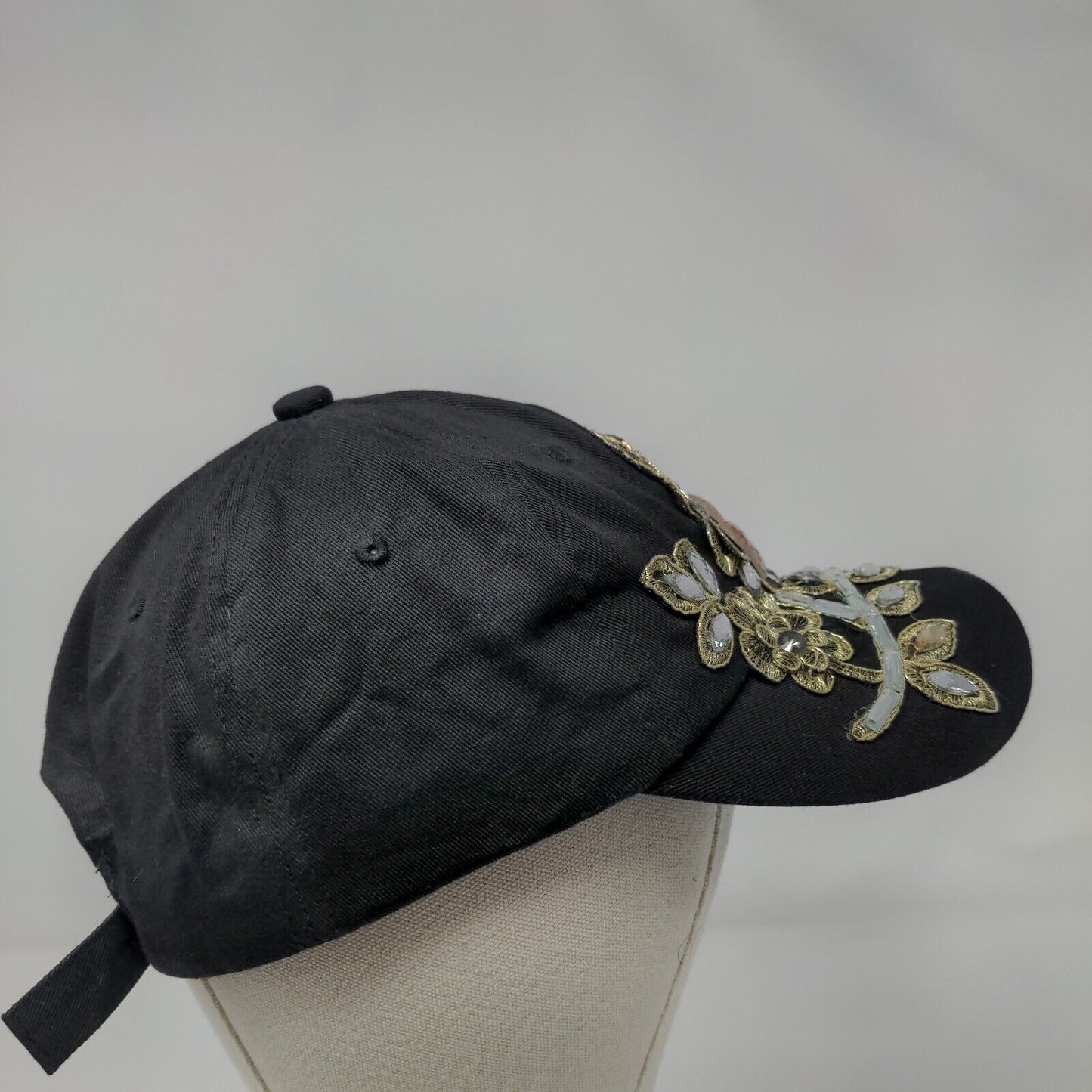 Rhinestone Jewel Flowers Slideback Hat Black OSFA Adjustable Bling