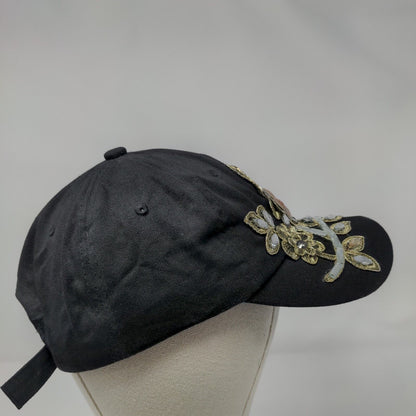 Rhinestone Jewel Flowers Slideback Hat Black OSFA Adjustable Bling
