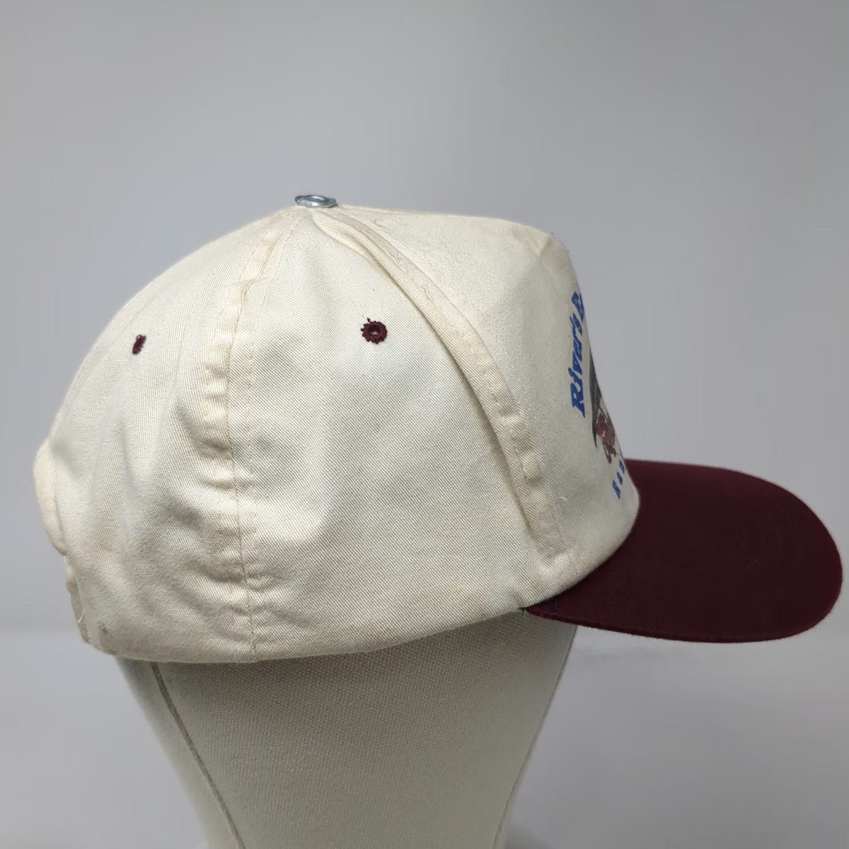Yupoong 5 Panel Hat Beige Red One Size Fishing Fly Oquossoc Maine Snapback