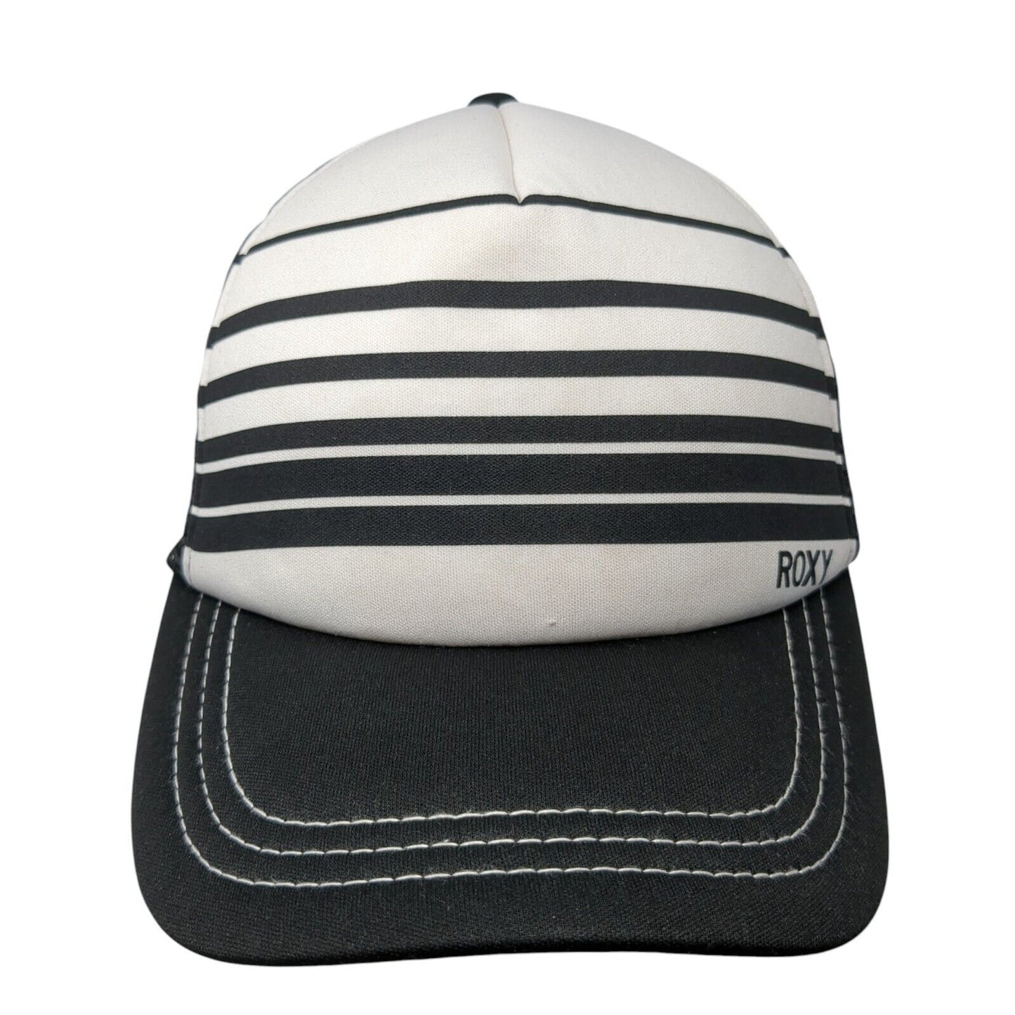 ROXY Snapback Trucker Hat Black One Size Adjustable Striped 6 Panel Mesh Back