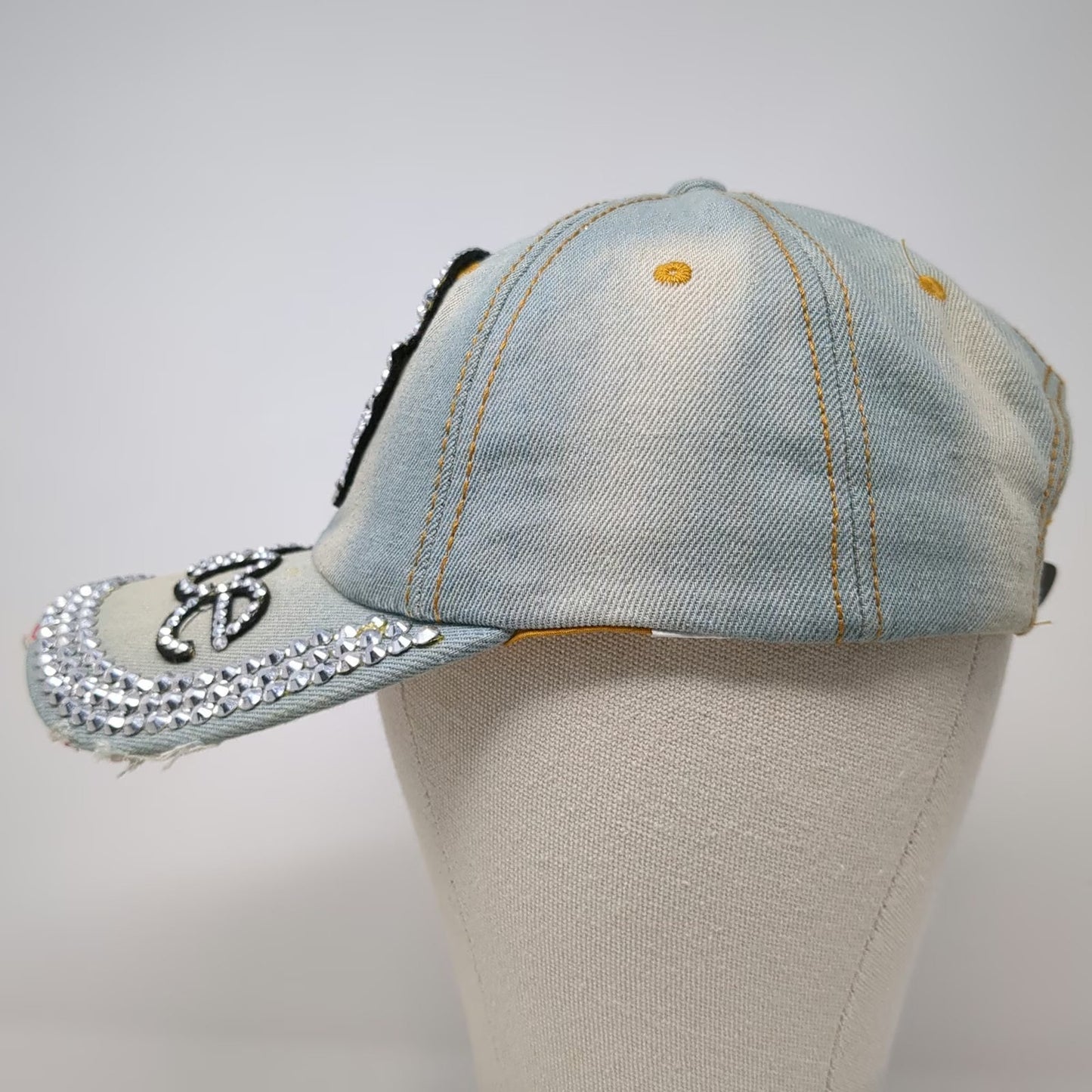 Baseball Cap Blue One Size Studded Rhinestone Peace Sign Denim Slideback Hat