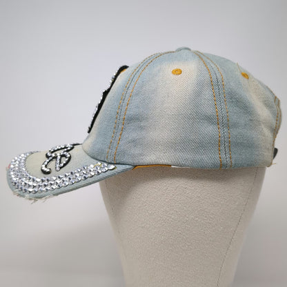 Baseball Cap Blue One Size Studded Rhinestone Peace Sign Denim Slideback Hat