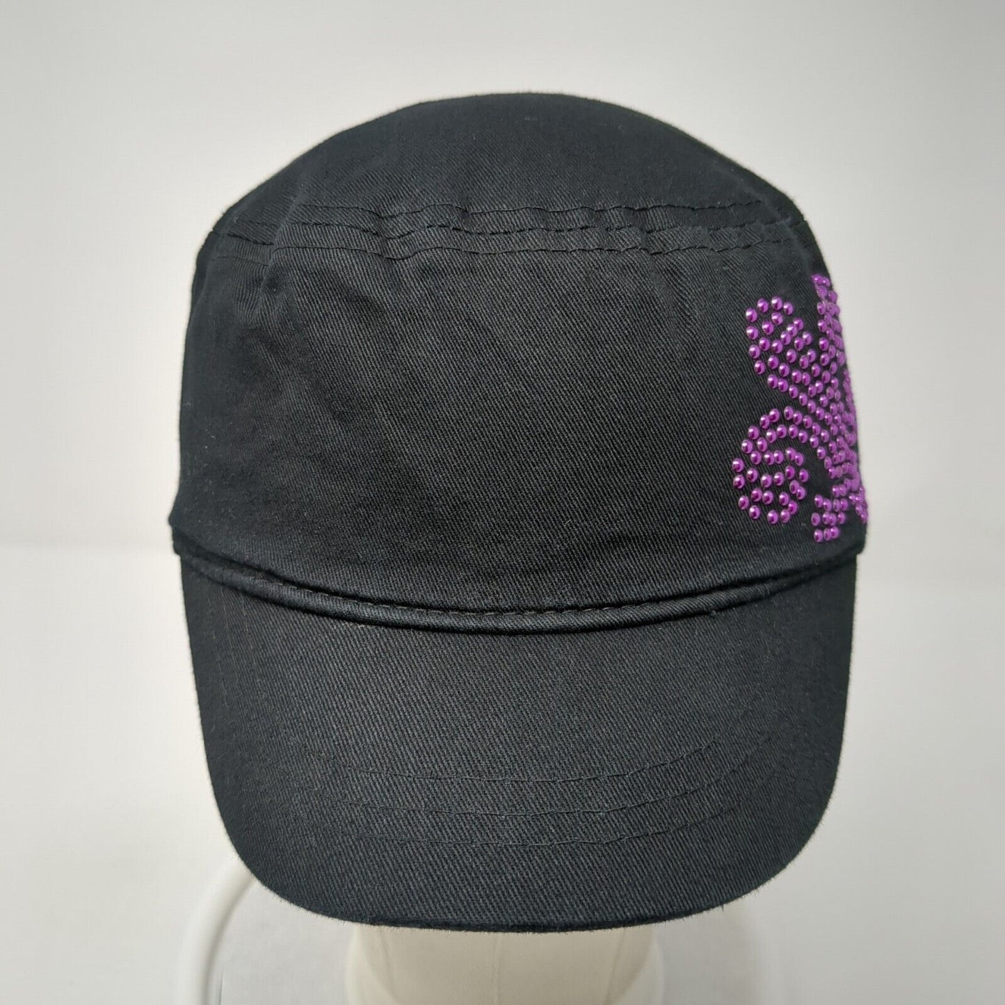 Bongo Cadet Army Cap Black One Size Stretch Embellished Rhinestone Cotton