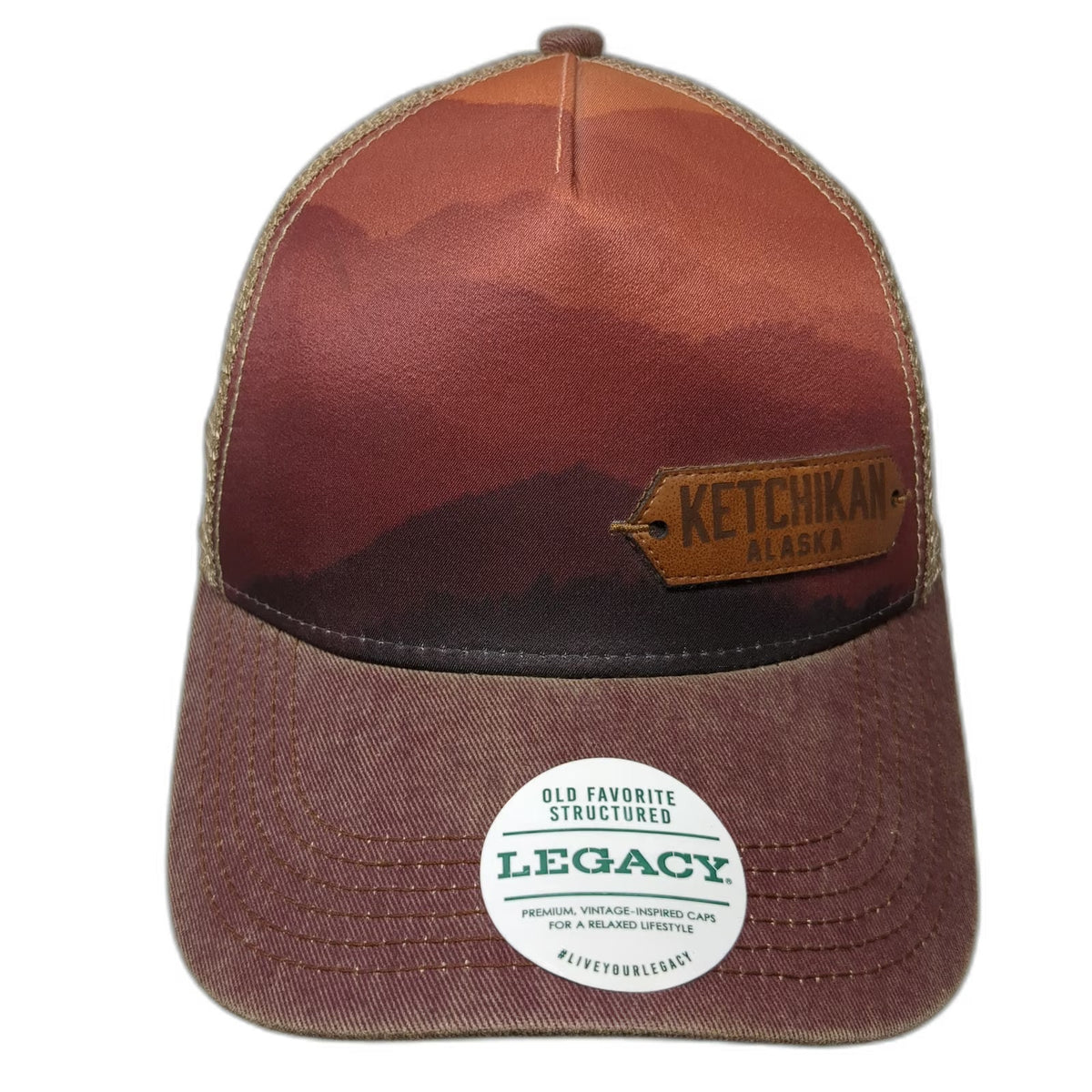 Legacy Trucker Hat Brown One Size Ketchikan Alaska Mountain Graphic Snapback