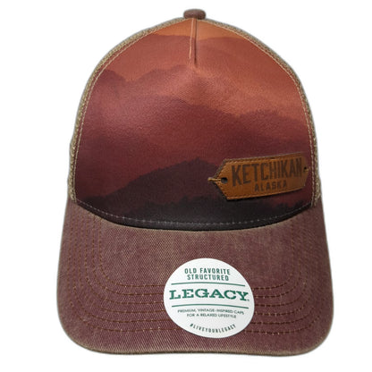 Legacy Trucker Hat Brown One Size Ketchikan Alaska Mountain Graphic Snapback