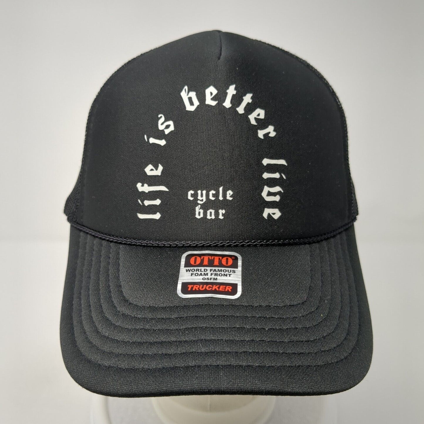 Life is Better Live Cycle Bar Snapback Trucker Hat Black OS Adjustable Mesh Rope