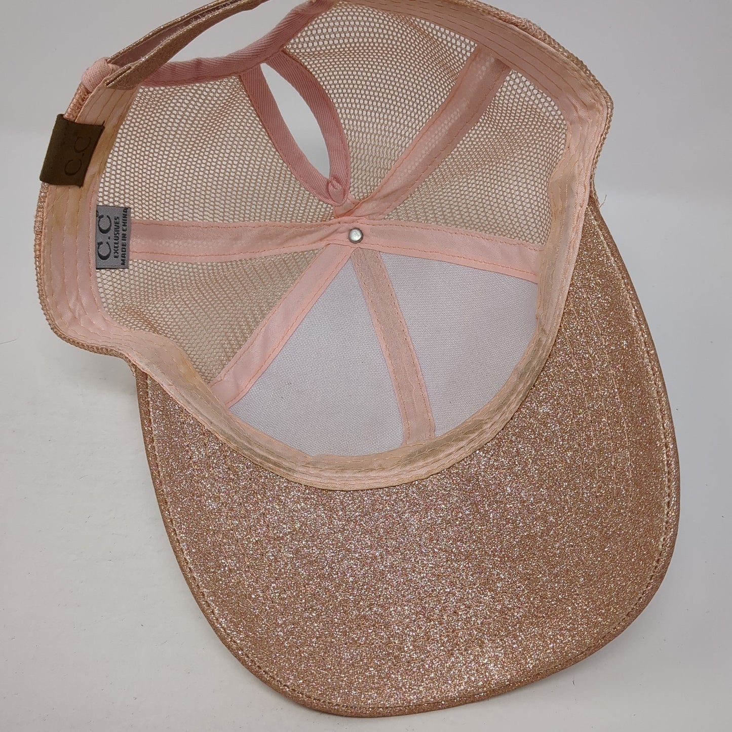 C.C Exclusives Ponytail Trucker Hat Pink One Size Adjustable Mesh Back Glitter