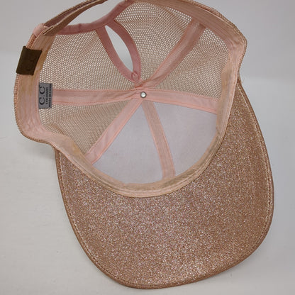 C.C Exclusives Ponytail Trucker Hat Pink One Size Adjustable Mesh Back Glitter