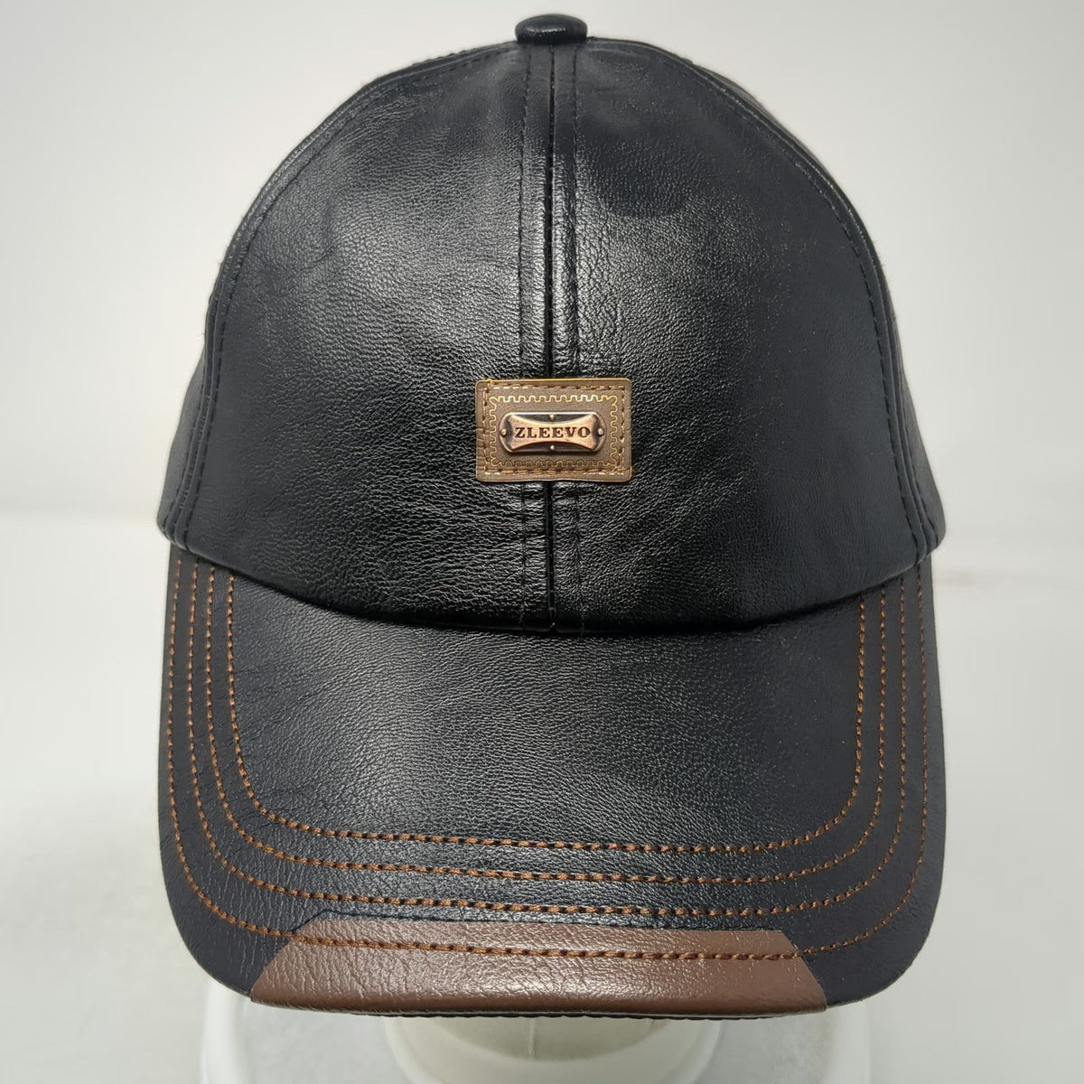 Zleevo Baseball Cap Black One Size PU Leather Brown Stitching Slideback Hat