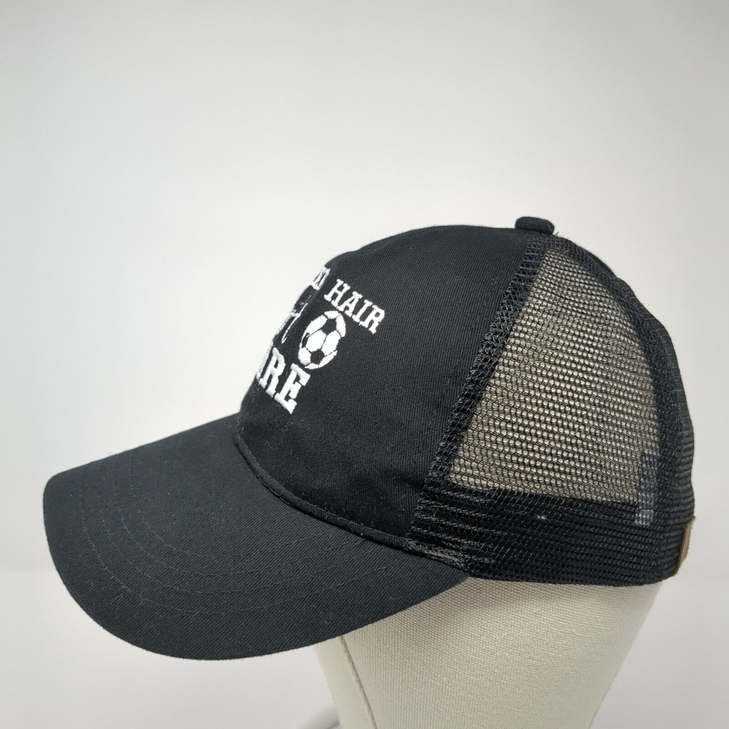 Soccer Hair Don't Care Strapback Trucker Hat Black One Size Ponytail