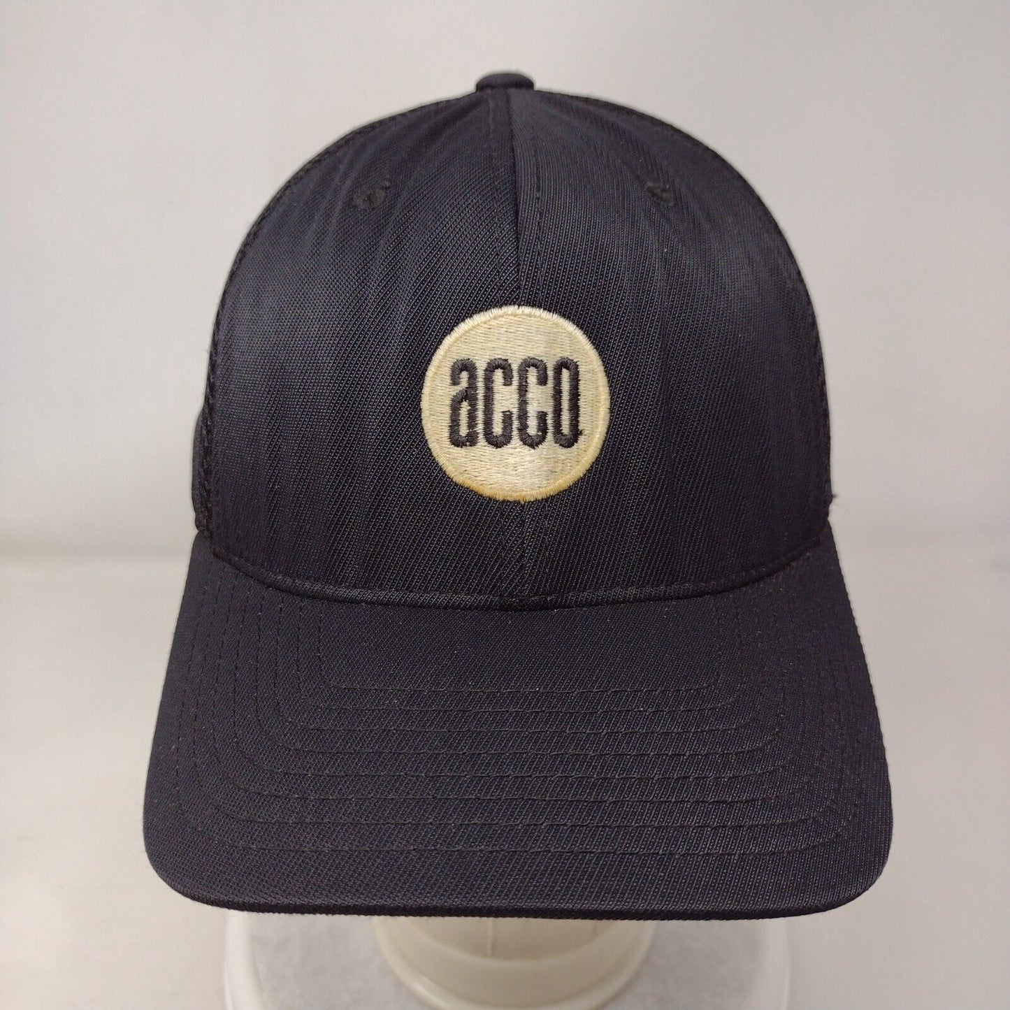Acco Fitted Trucker Hat Black S/M Flexfit Embroidered Mesh Back 6 Panel Yupoong