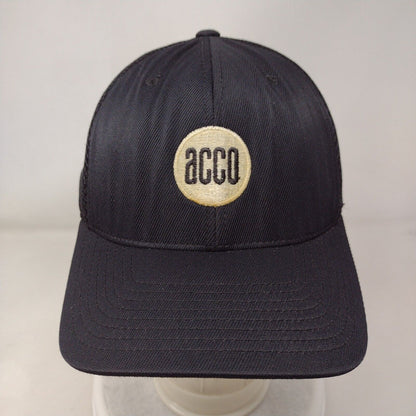 Acco Fitted Trucker Hat Black S/M Flexfit Embroidered Mesh Back 6 Panel Yupoong