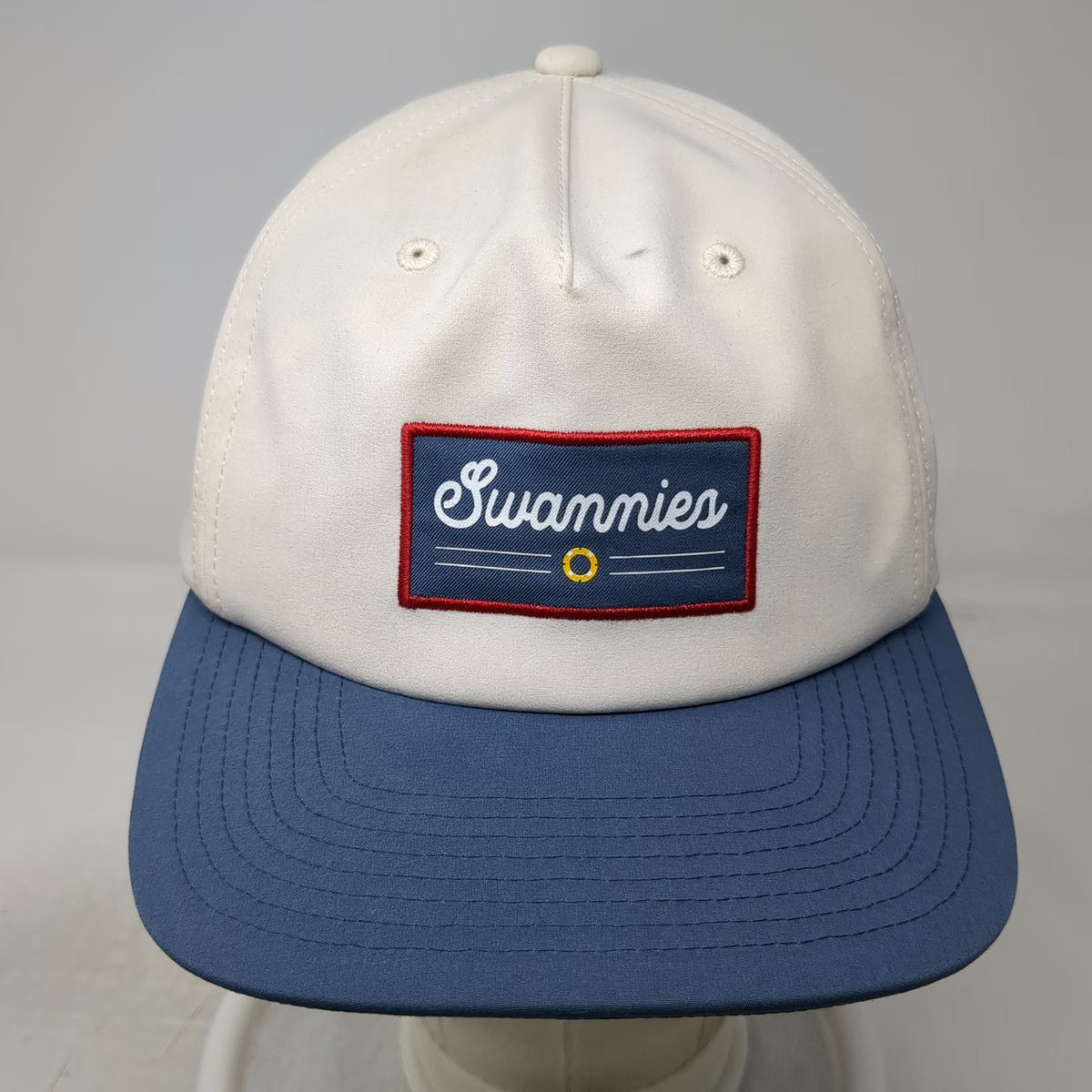 Swannies 5 Panel White Blue One Size Snapback Patch Golf Hat Performance Sport