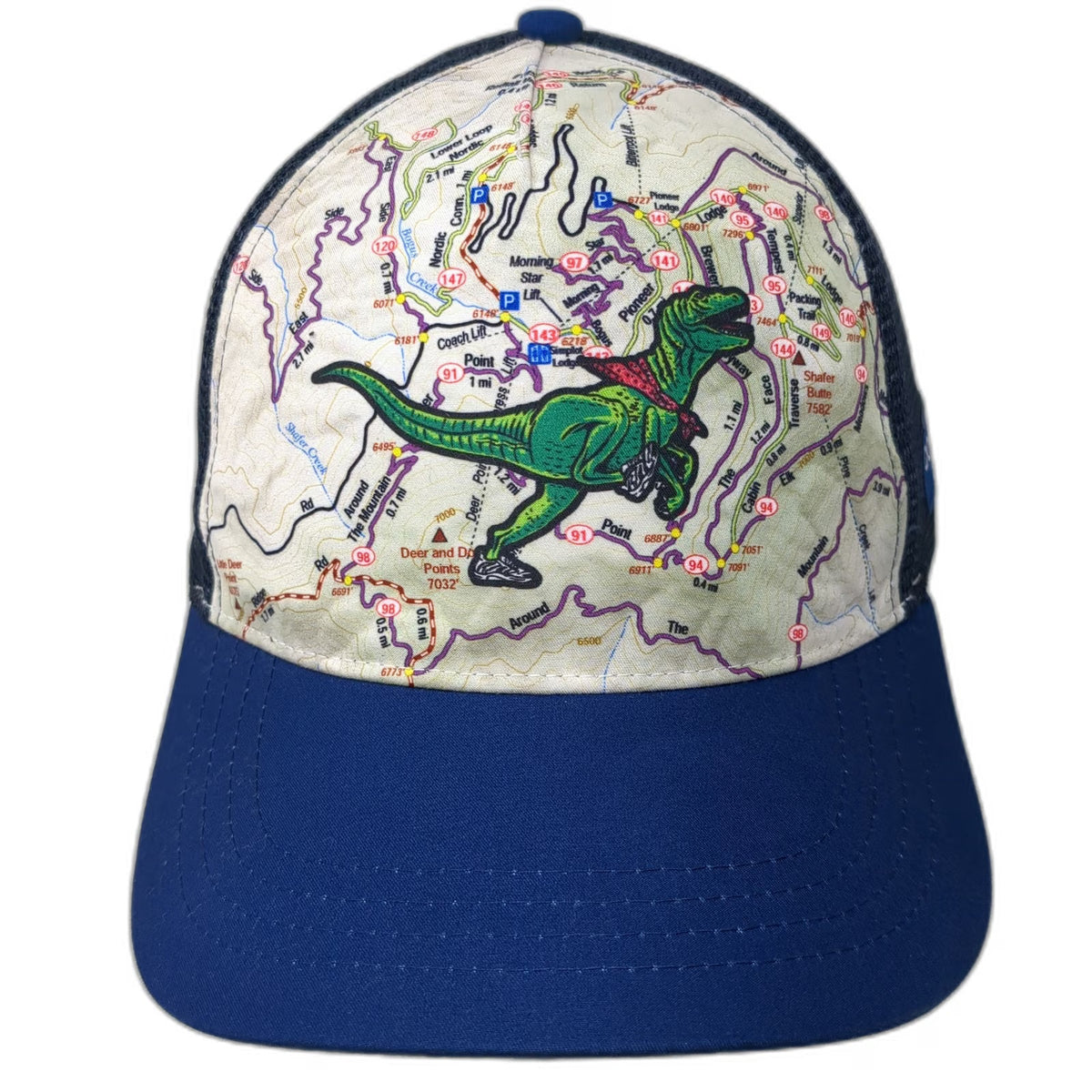 Boco Gear Trucker Hat Blue One Size Map Dinosaur T-Rex Boise Idaho Running Mesh