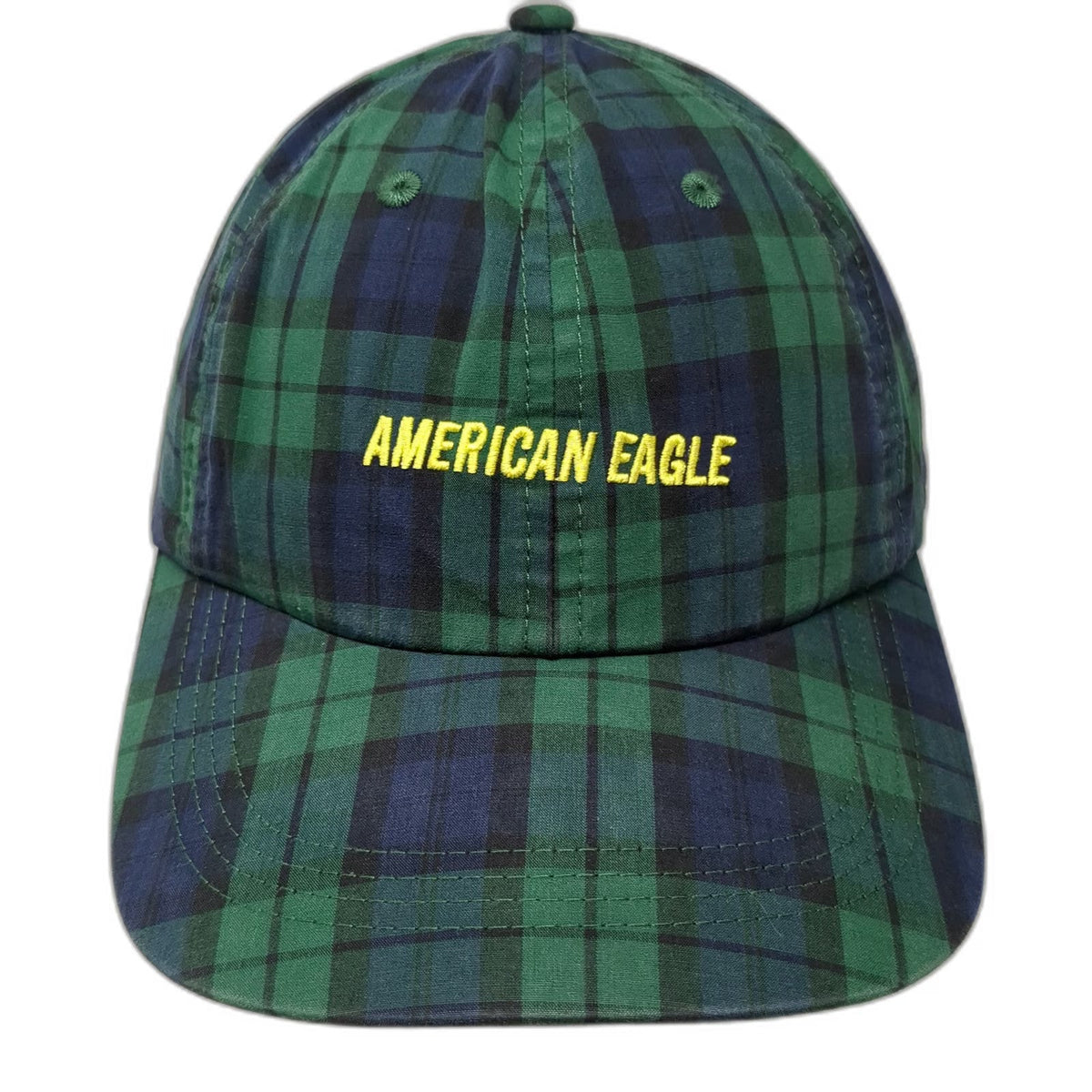American Eagle Baseball Cap Green Blue Yellow Plaid OSFM Slideback Cotton Hat