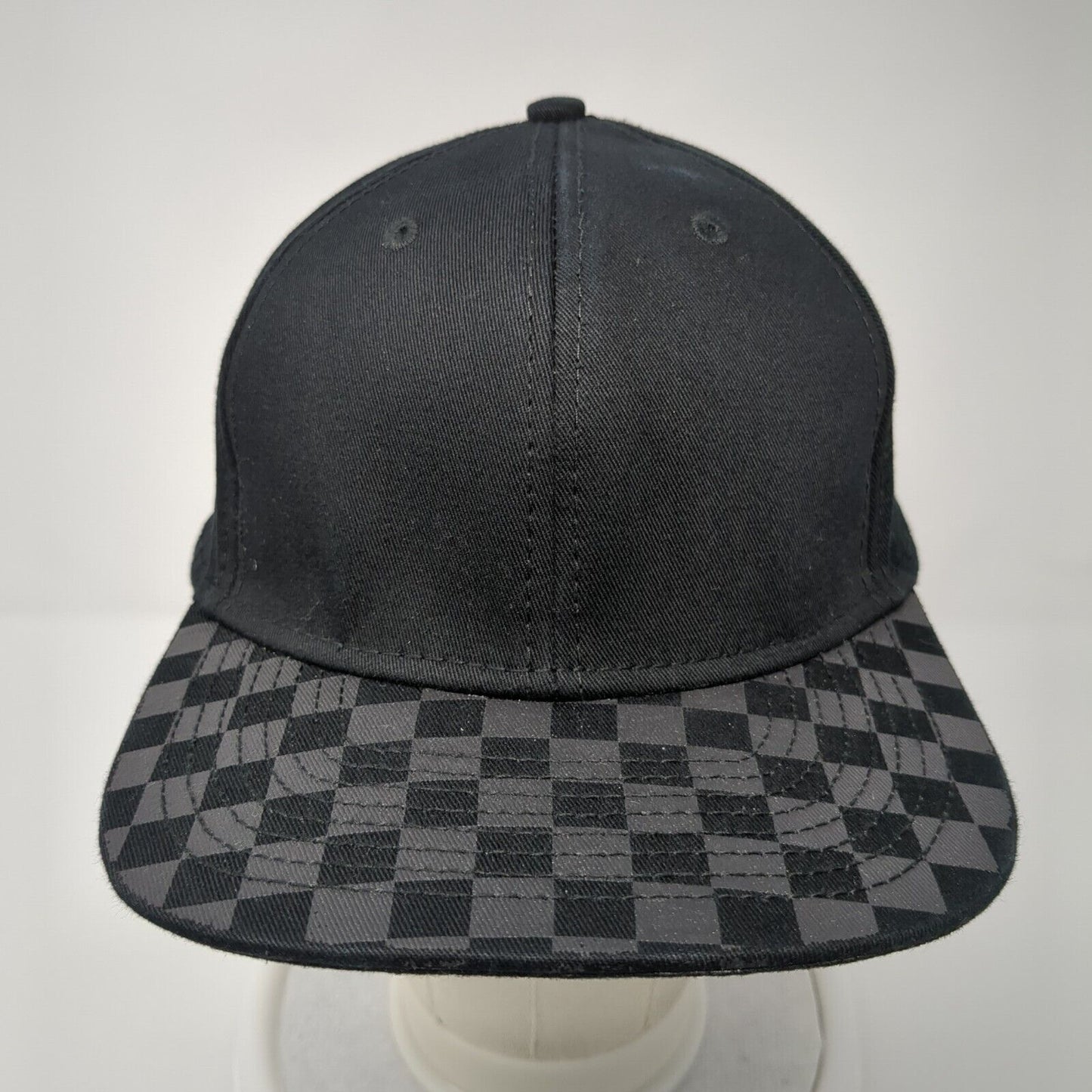 Unbranded Snapback Hat Black One Size Adjustable Vented Holes 6 Panel Check