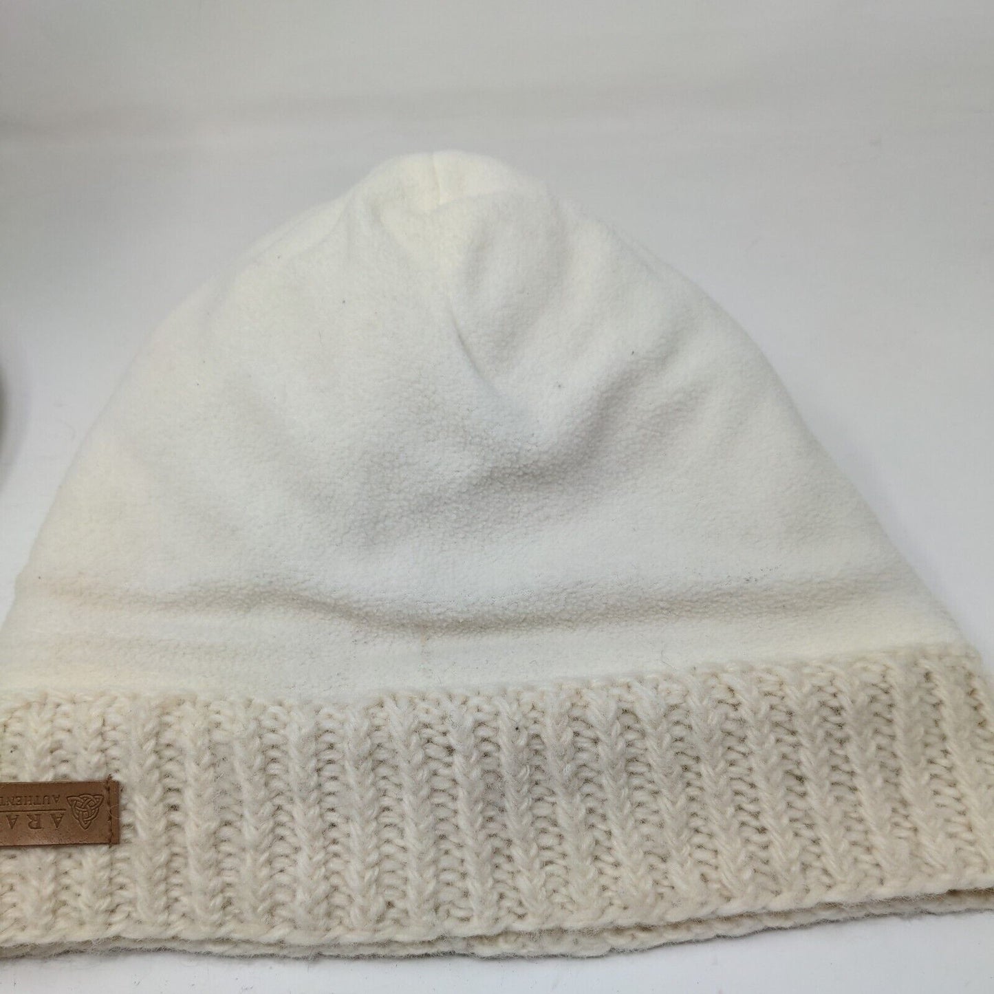 Aran Leather Patch Ribbed Cable Knit Pom Pom Beanie Hat Cream One Size