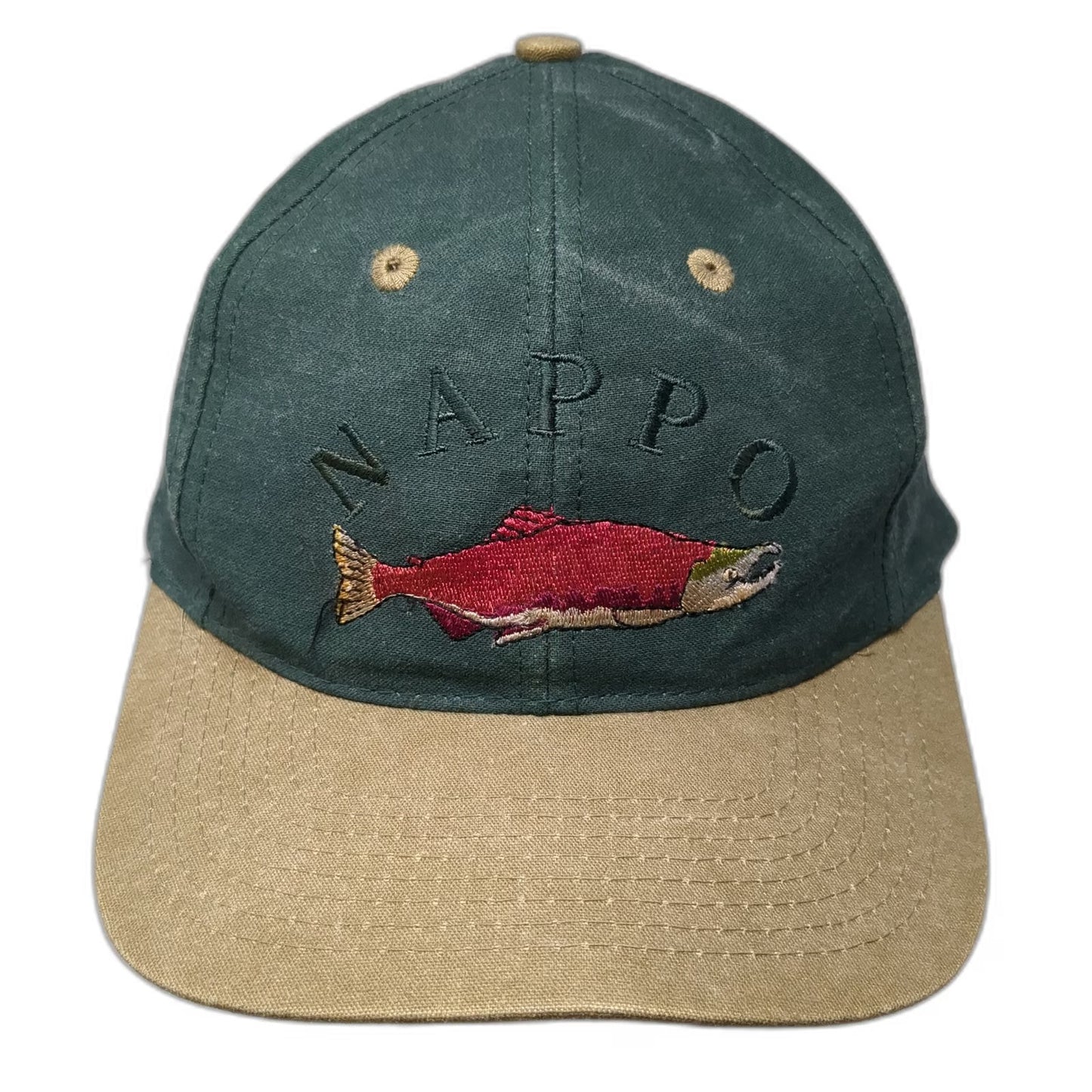 Head To Toe Snapback Green Beige Embroidered Salmon Fish Nappo Hat Vintage