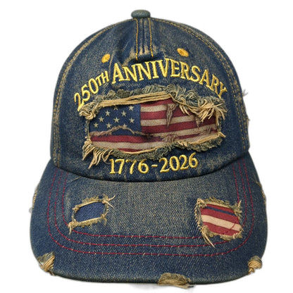 5 Panel Blue One Size Hat 250th Anniversary USA Flag 1776-2026 Denim Slideback