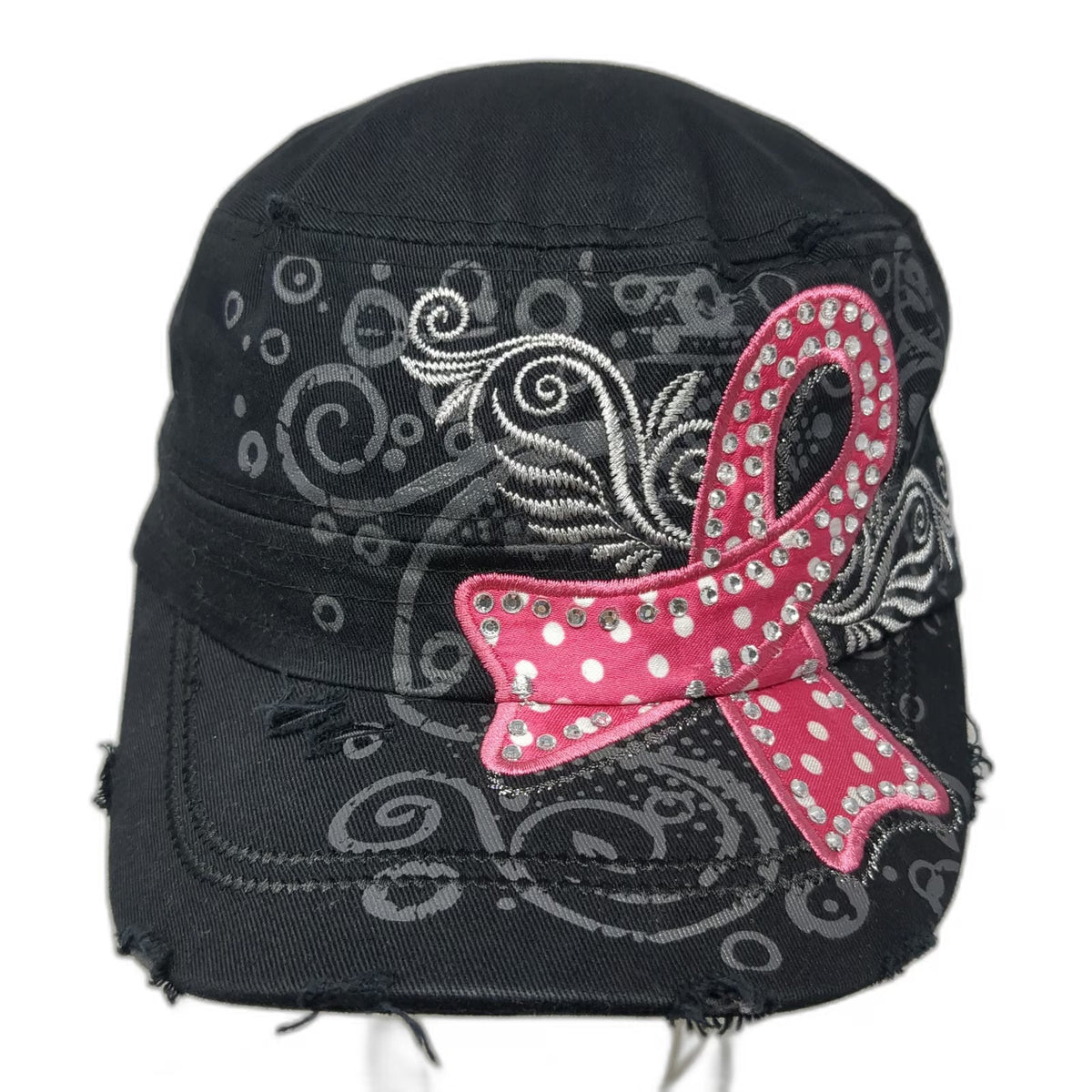 Leader Logo Army Cap Black One Size Pink Ribbon Swirl Distressed Rhinestones Hat