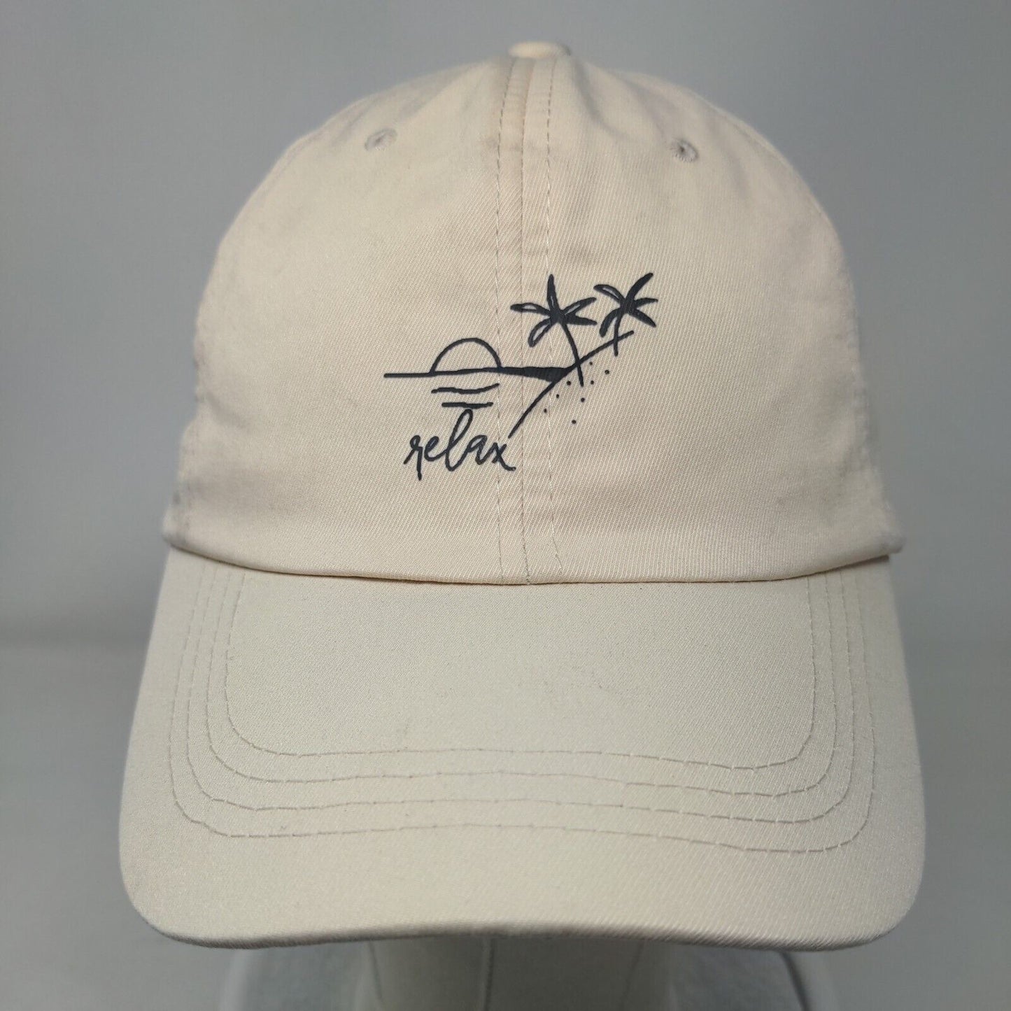 Relax Slideback Hat Tan One Size Adjustable Graphic Print Vented Holes 6 Panel
