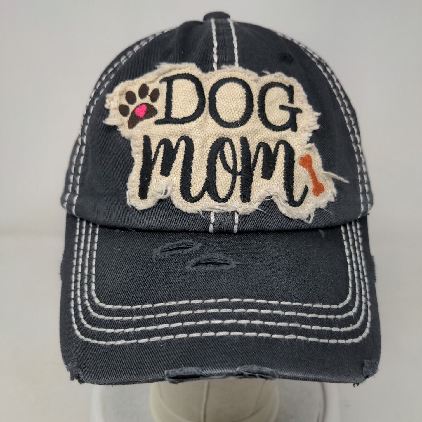 Dog Mom Strapback Hat Blue One Size Embroidered Distressed 6 Panel