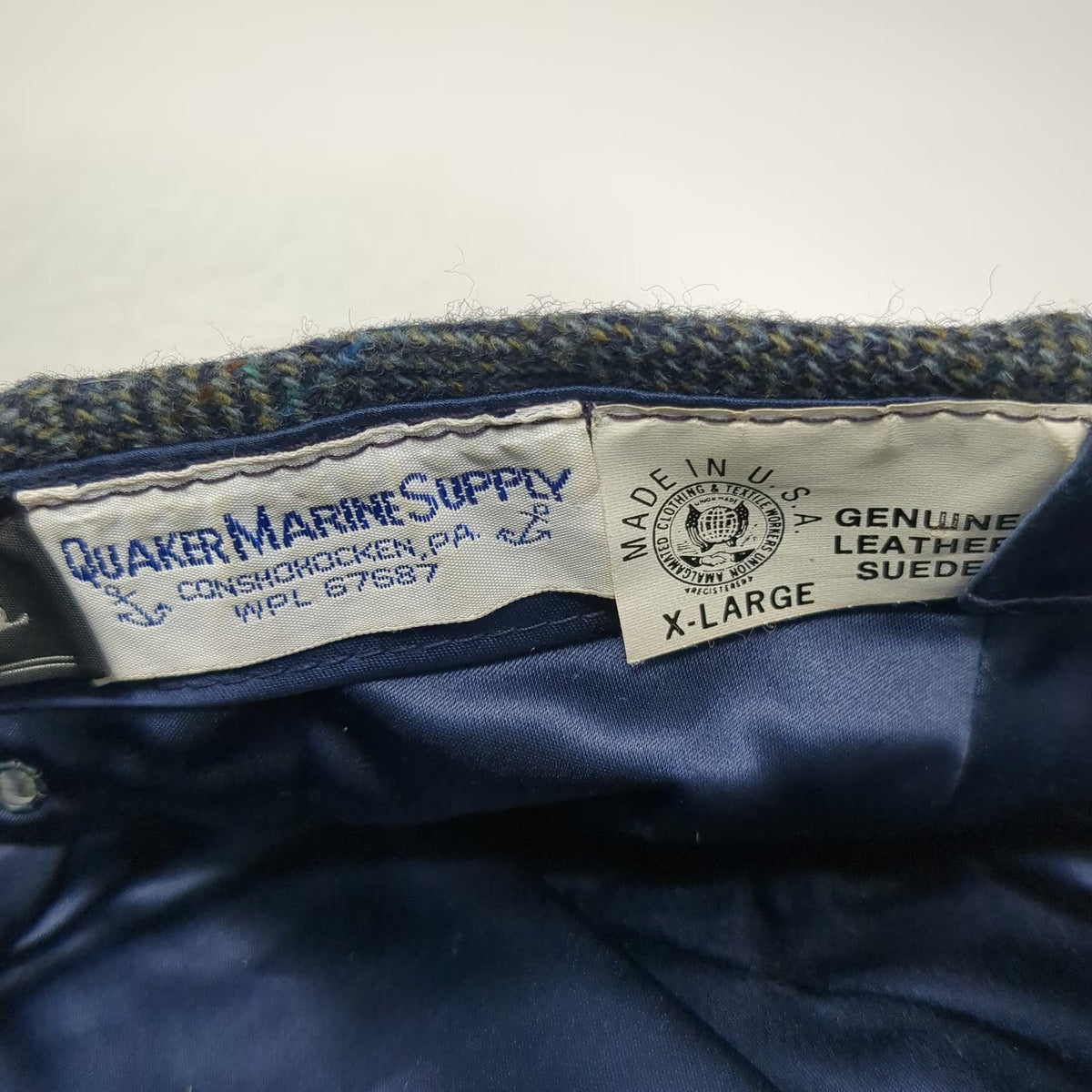 Quaker Marine Supply Newsboy Cap Blue XL Wool Suede Brim Fitted Hat Made USA