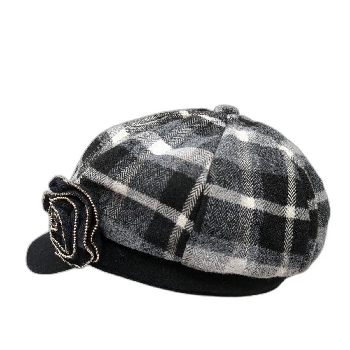 Angela & William Newsboy Cap Gray Black White One Size Wool Blend Flower Hat