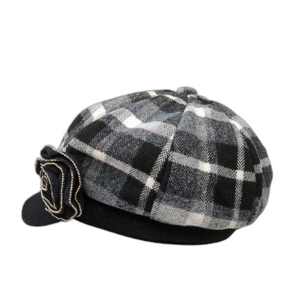 Angela & William Newsboy Cap Gray Black White One Size Wool Blend Flower Hat