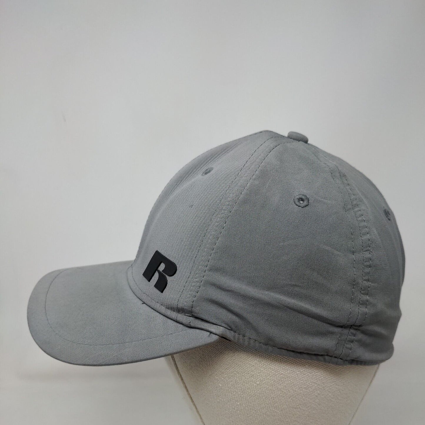 Russell Fitted Hat Gray S/M Lightweight Graphic Logo Vented Holes 6 Panel