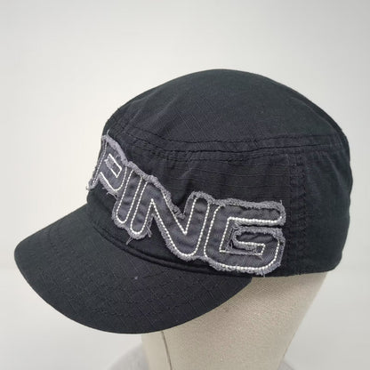 PING Army Cap Black Gray Hat Size 7 Cotton Distressed Patch Graphic Logo Fitted