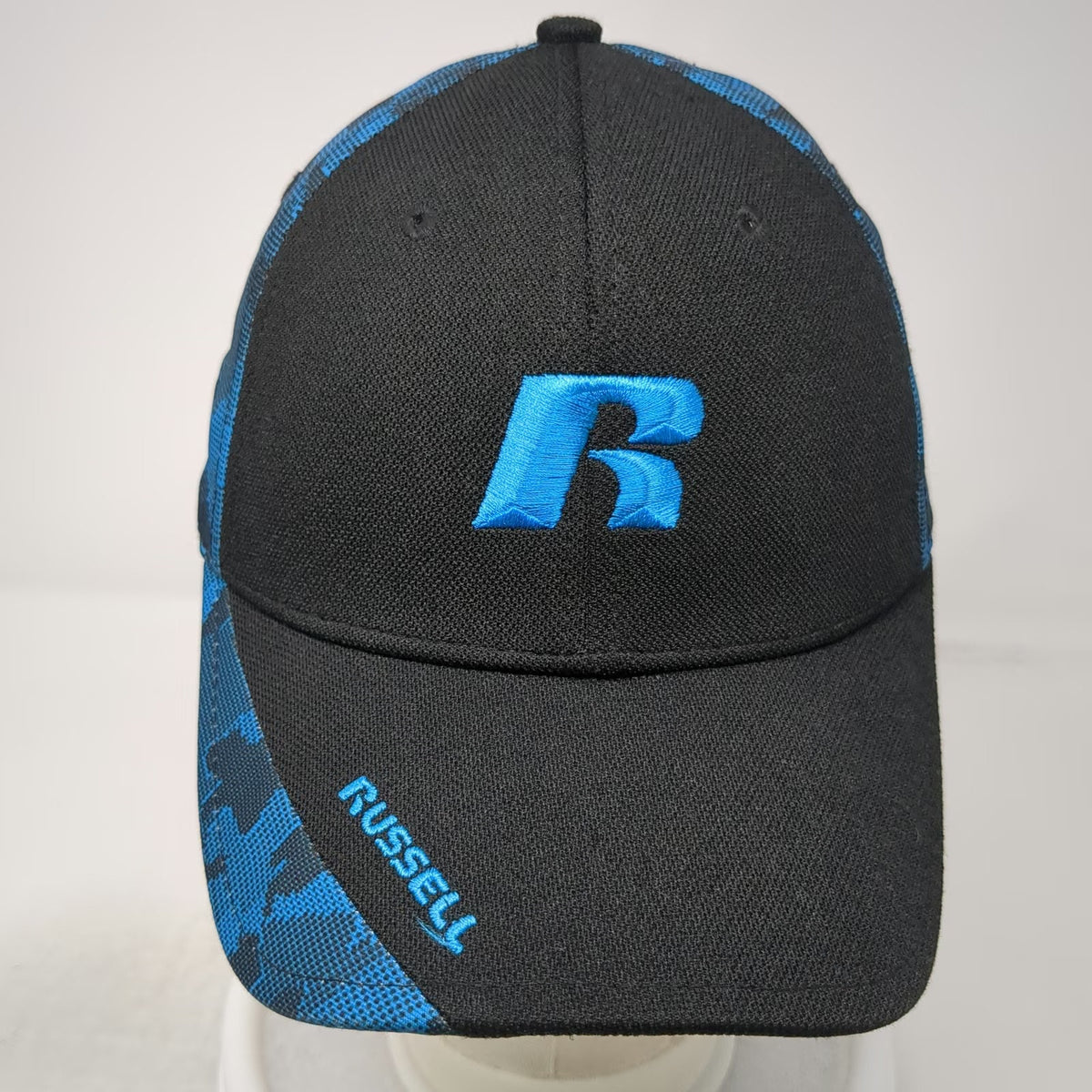 Russell Baseball Cap Black Blue Camo M Embroidered Logo Athletic Hat