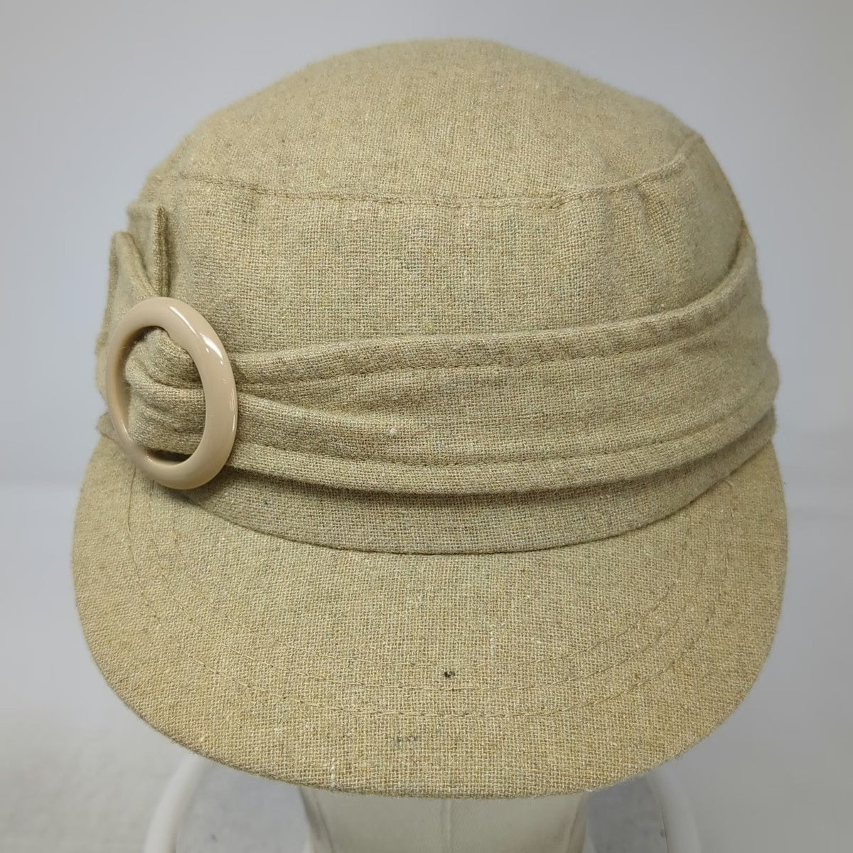 Army Cap Hat Beige One Size Buckle Ring Elastic Back Textured Fabric Plain Solid