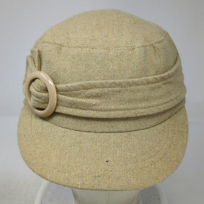 Army Cap Hat Beige One Size Buckle Ring Elastic Back Textured Fabric Plain Solid