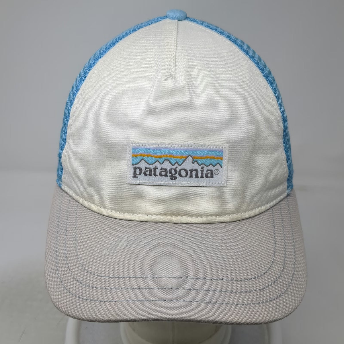 Patagonia Trucker Hat White Blue Gray One Size Mesh Back Snapback Mountain Logo