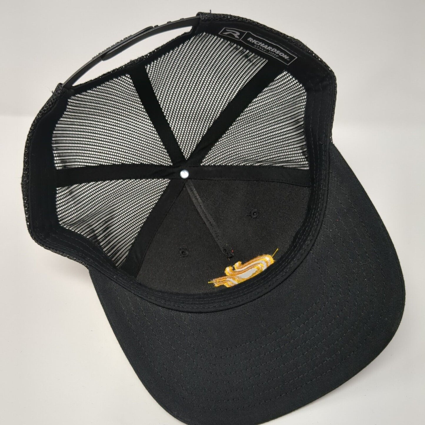 Richardson Snapback Trucker Hat Black One Size Mesh Back Embroidered Logo