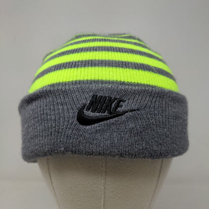 Nike Boy's Knit Beanie Hat Cap Gray Yellow Striped 100% Acrylic Embroidered Logo