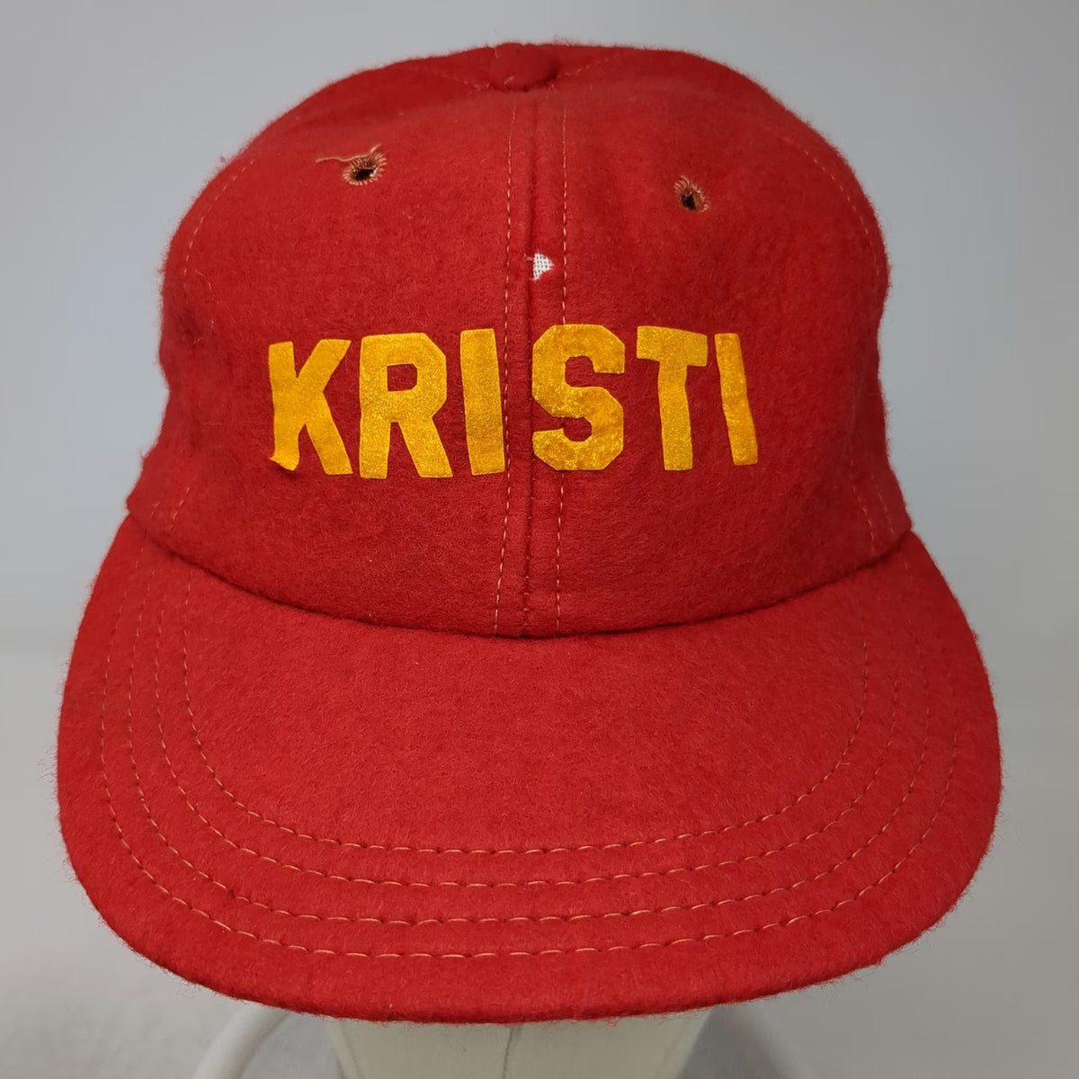Red Baseball Cap XS Wool Kristi Yellow Felt Letters Fitted Hat Green Brim