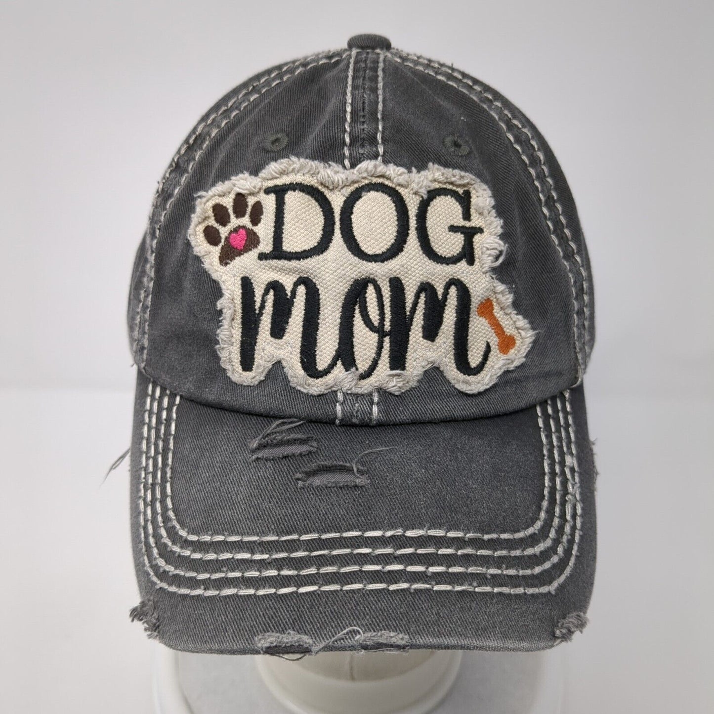 Dog Mom Strapback Hat Gray OS Adjustable Embroidered Distressed KB ETHOS Vintage