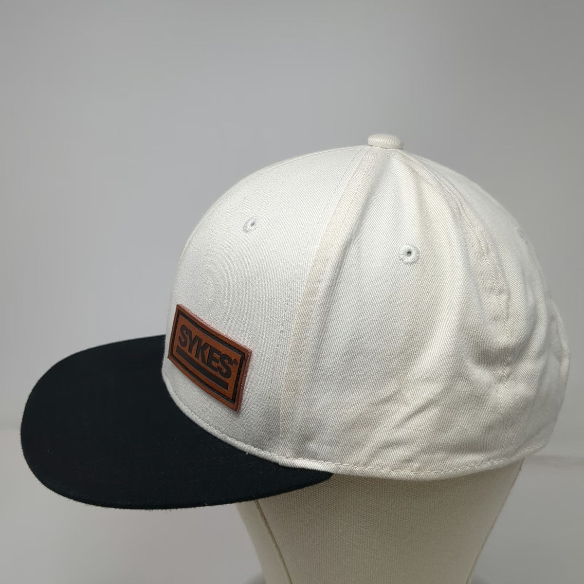 Sykes Snapback Hat White Black One Size Flat Brim Logo Patch Two Tone Cotton