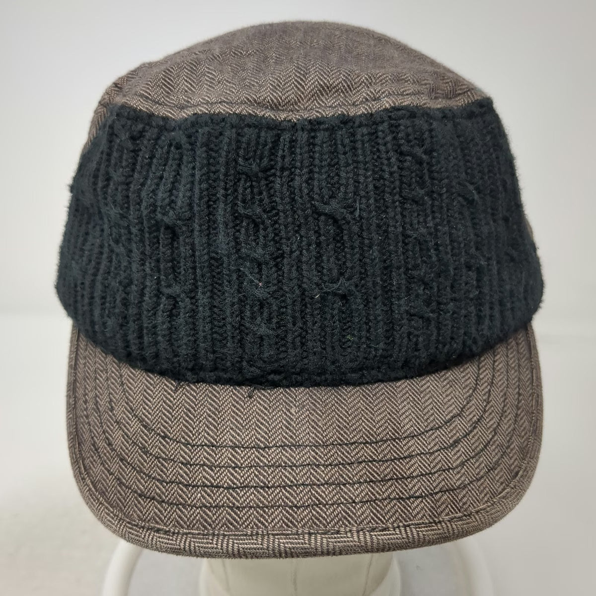 Globalone Brown Army Cap L XL Knit Front Herringbone Pattern Stretch Fit Hat