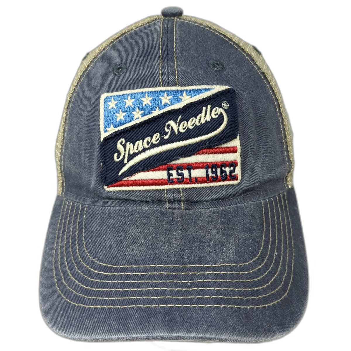 Ouray Trucker Hat Blue Beige One Size Space Needle Seattle 1962 Mesh Snapback