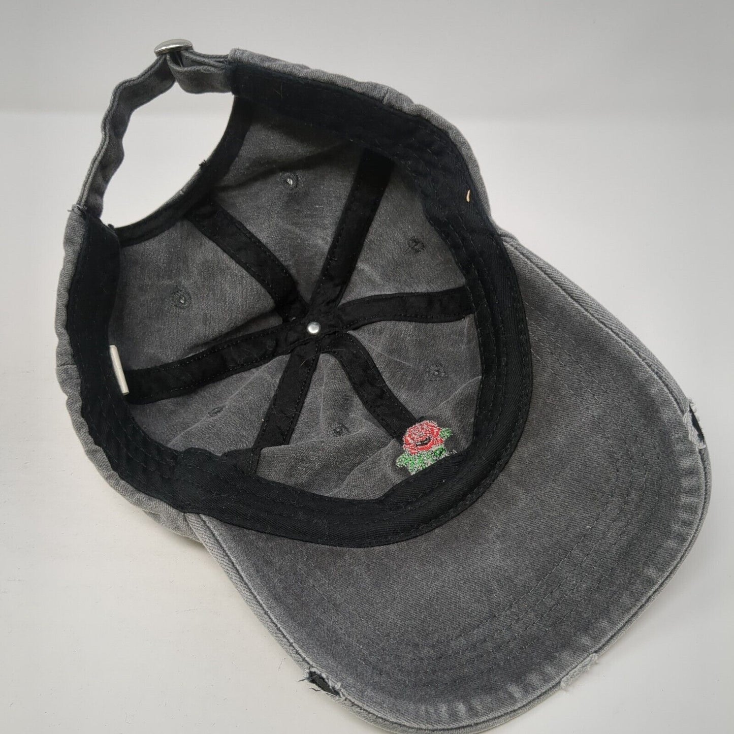 Rose Slideback Hat Gray One Size Adjustable Embroidered Flower Distressed Cotton